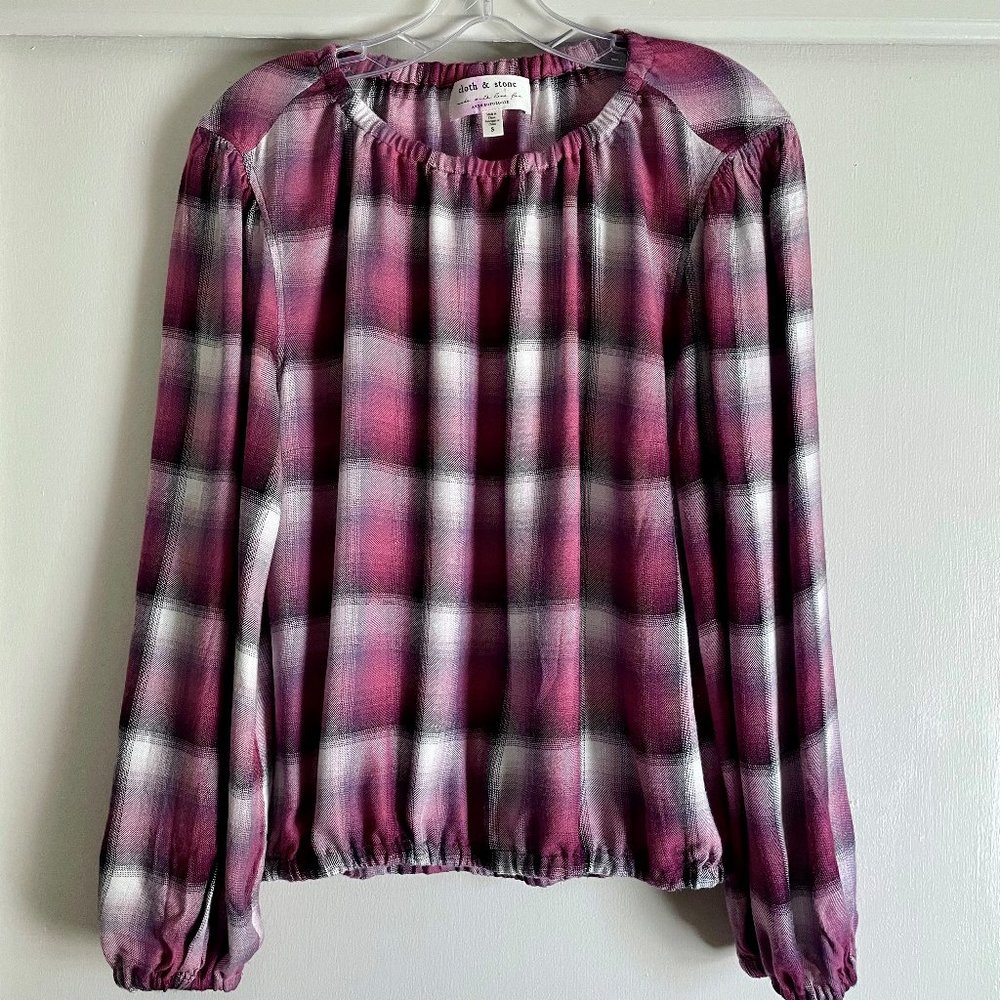 Anthropologie Cloth & Stone Glacier Pink Plaid Long Balloon Sleeve Top S - Picture 2 of 9